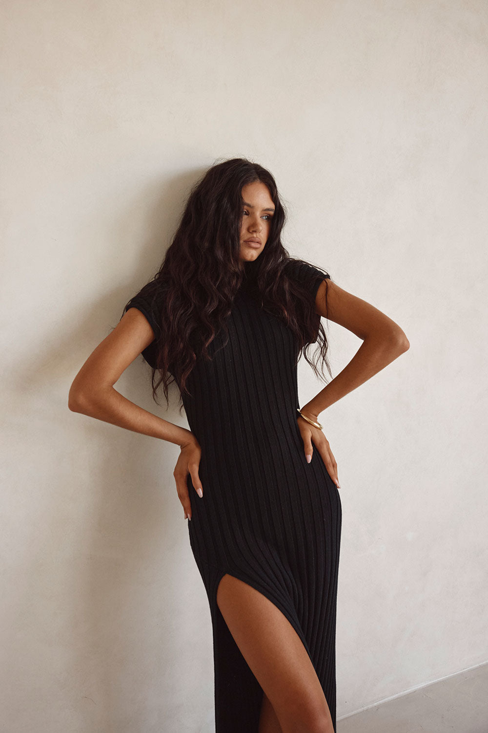 Black High Neck Short Sleeve Split Maxi Gemini Dress SABO Black High Neck Short Sleeve Split Maxi Gemini Dress SABO