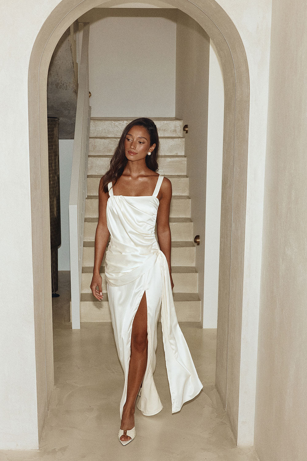 SABO SKIRT Bridal Cream Silky Draped Maxi Isadora Dress