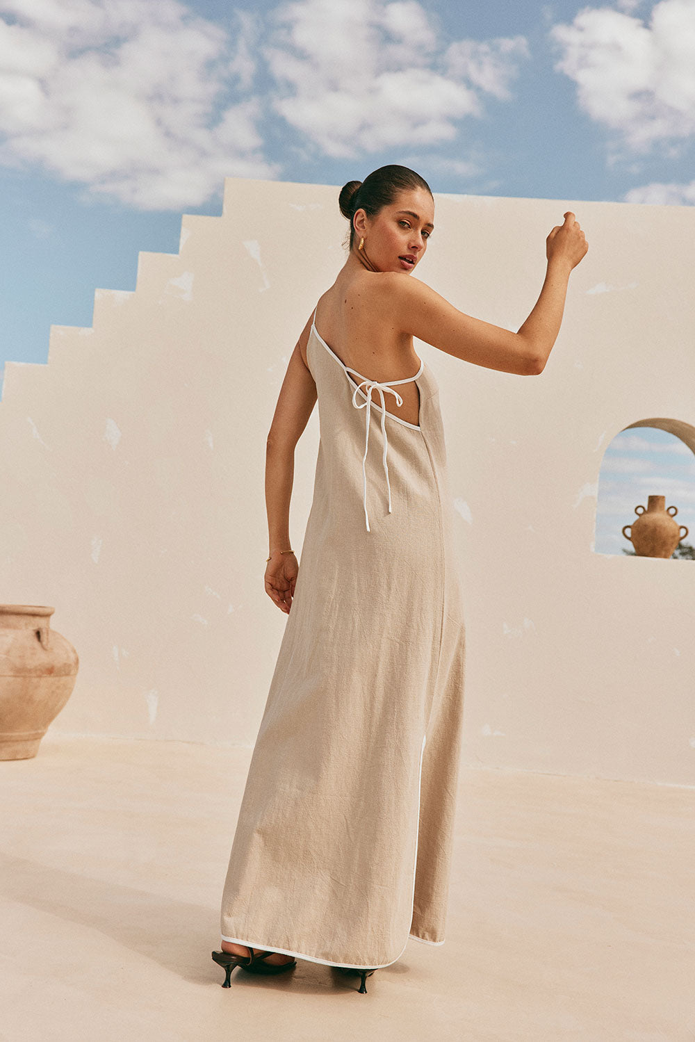 Jayden Split One Shoulder Maxi Dress - Tan & White SABO Jayden Split One Shoulder Maxi Dress - Tan & White SABO