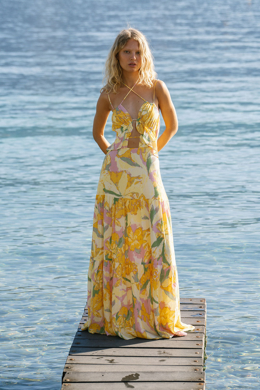 fishbone halter dress crushed flower dress Calabria Maxi Halter Dress