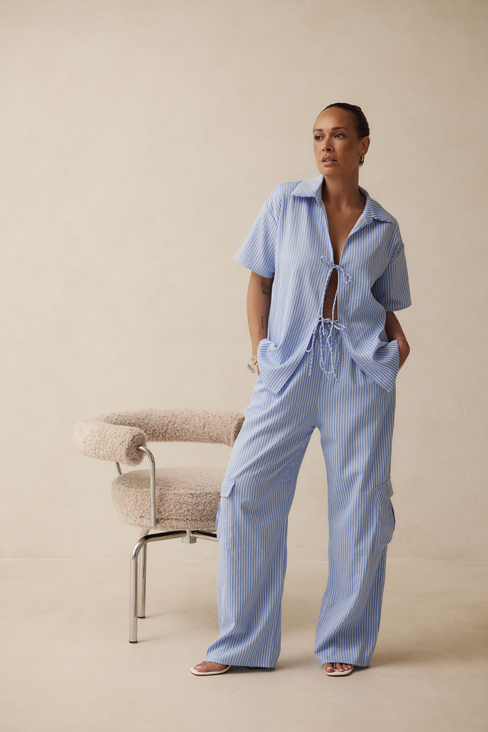 Blue High Waist Drawstring Pocket Brielle Pants – SABO
