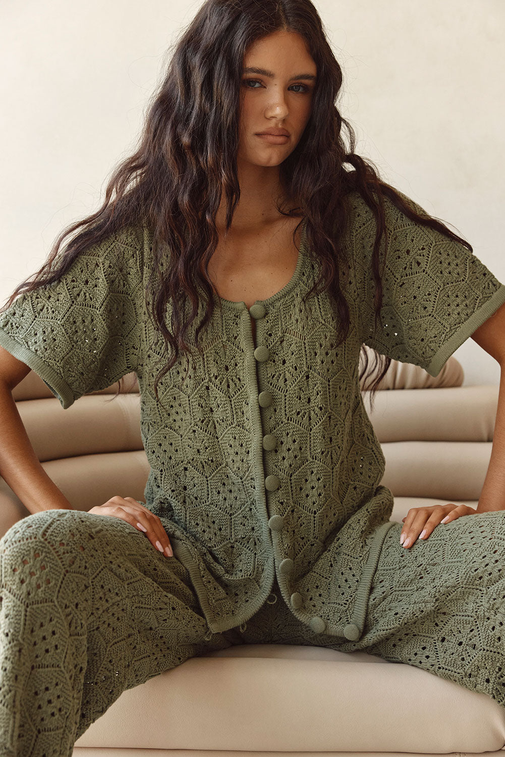 Khaki Green Crochet Knit Button Up Umiko Top – SABO