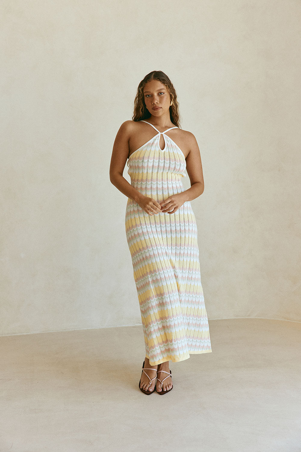 Yellow Stripe Halter Maxi Bexley Dress S