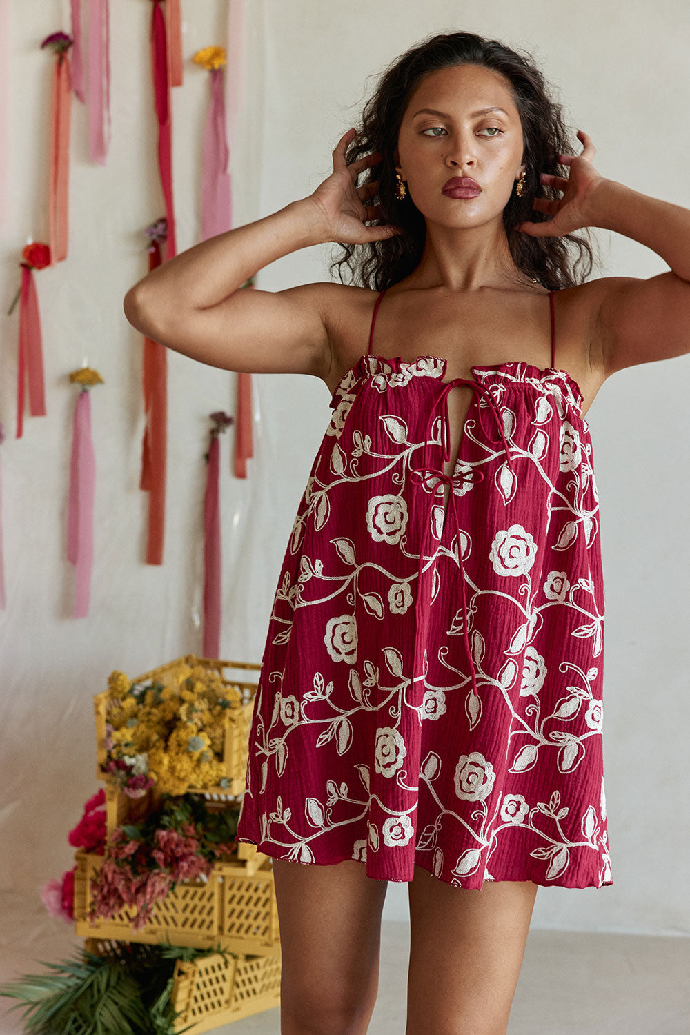 Red Embroidered Dahlia Print Babydoll Mini Evelia Dress XL | by SABO