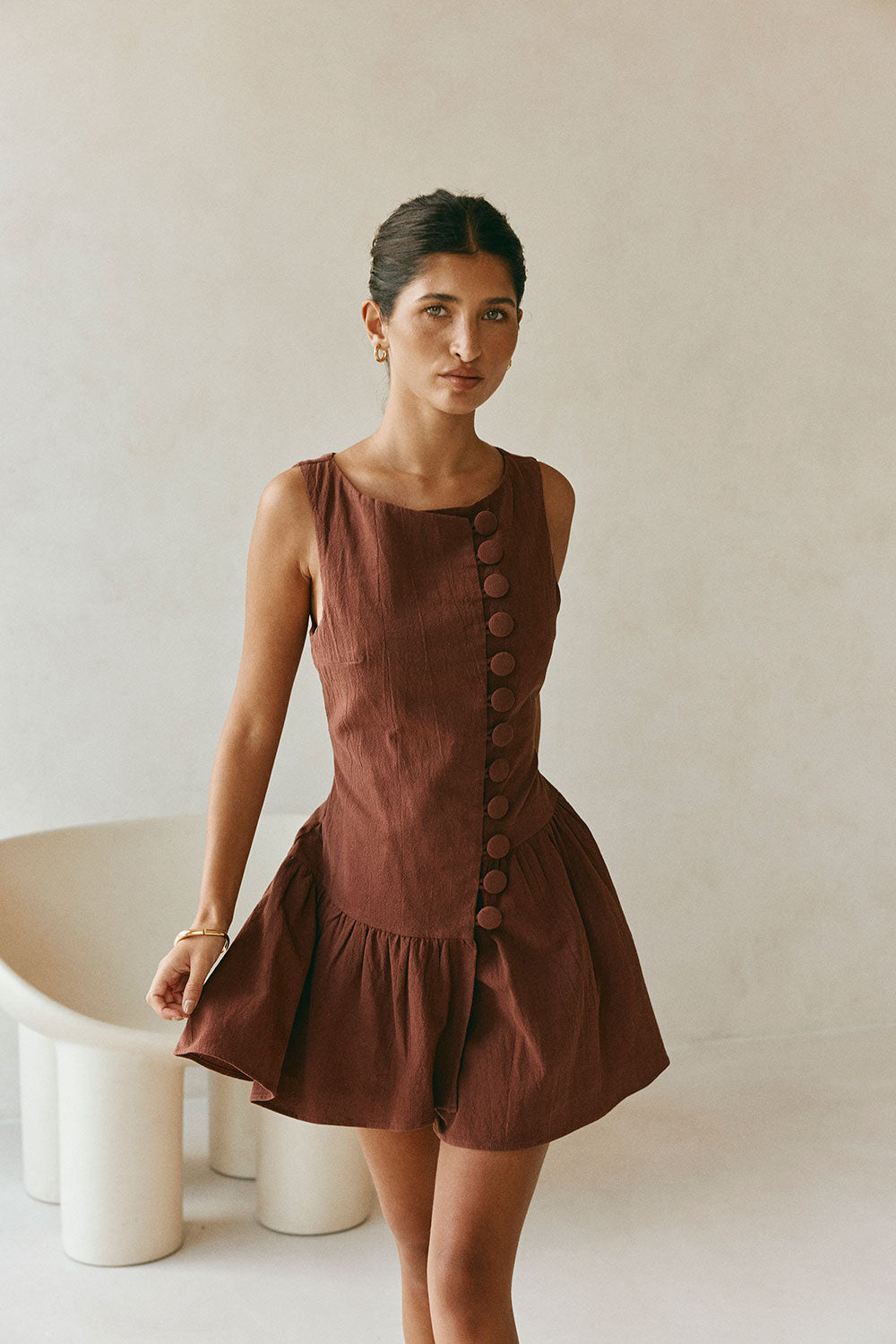 Chocolate Brown Button Flouncy Mini Alfresco Dress L | by SABO Chocolate Brown Button Flouncy Mini Alfresco Dress L | by SABO