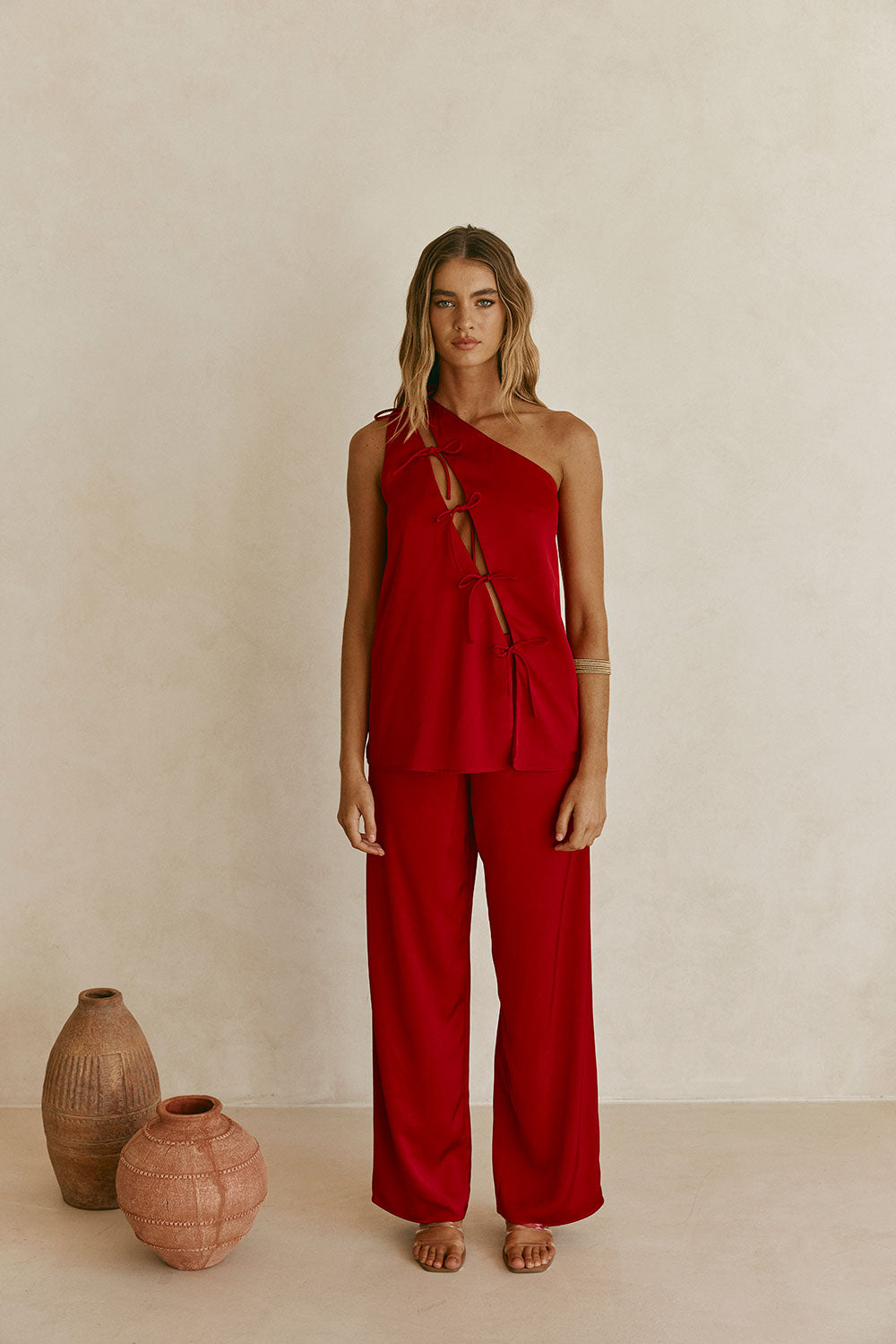 Red Backless One-Shoulder Front Tie Natalie Jumpsuit – SABO