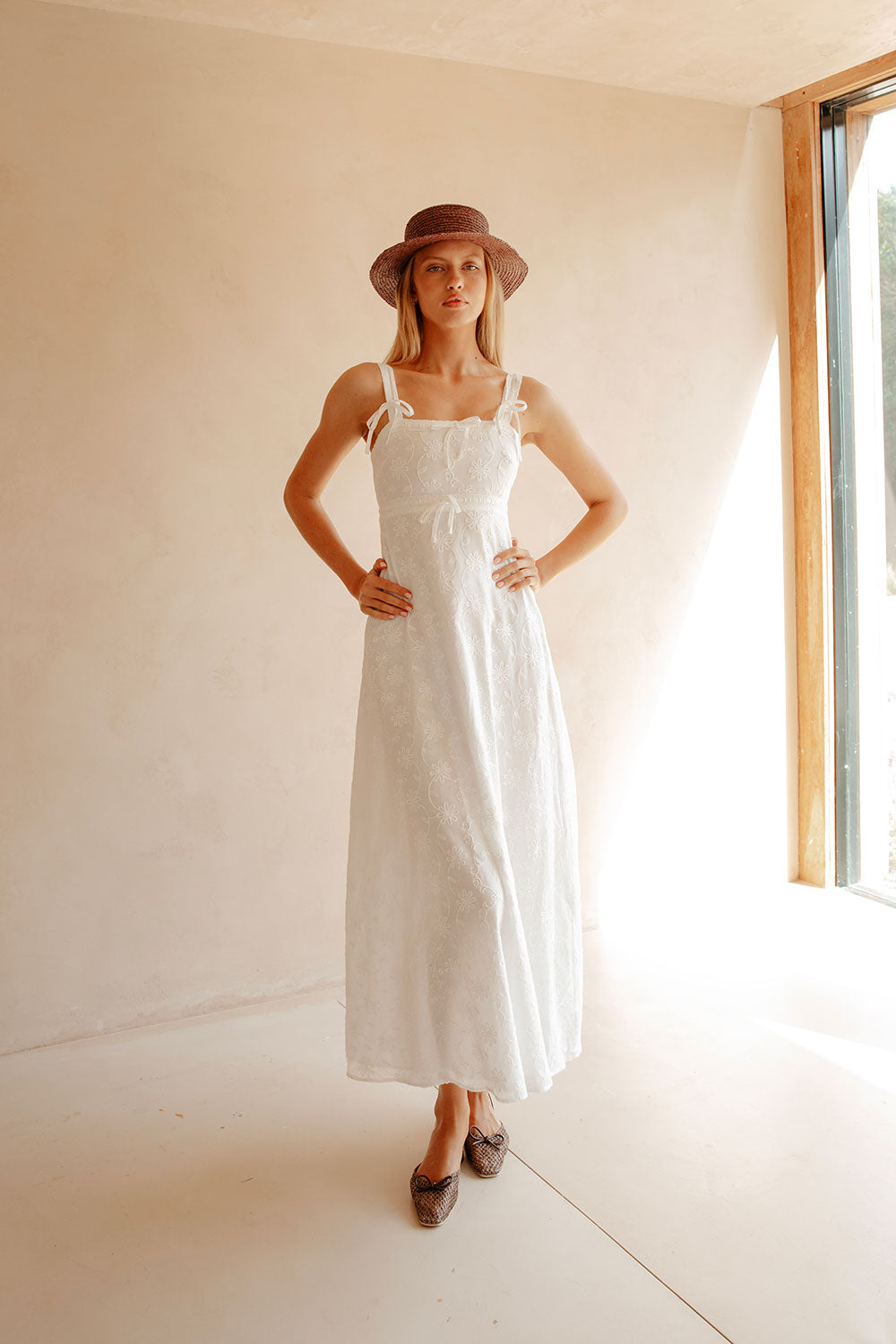 White Embroidered Wide Strap Maxi Evi Dress Xs