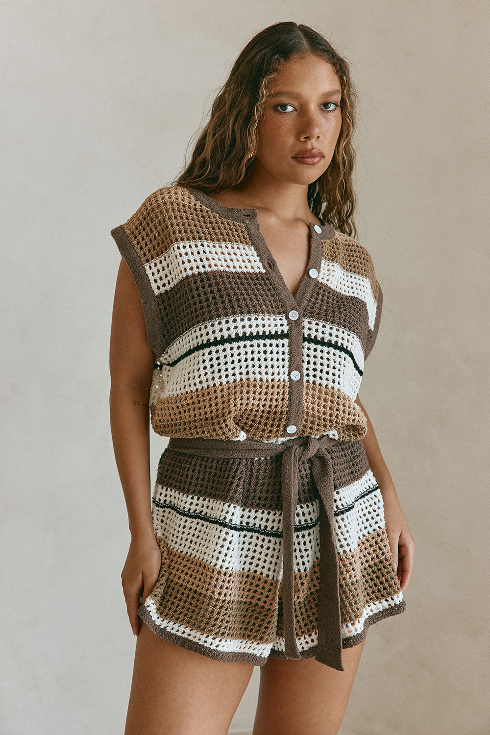 Brown and Cream Stripe Knit Button Up Ember Playsuit XS | by SABO Brown and Cream Stripe Knit Button Up Ember Playsuit XS | by SABO