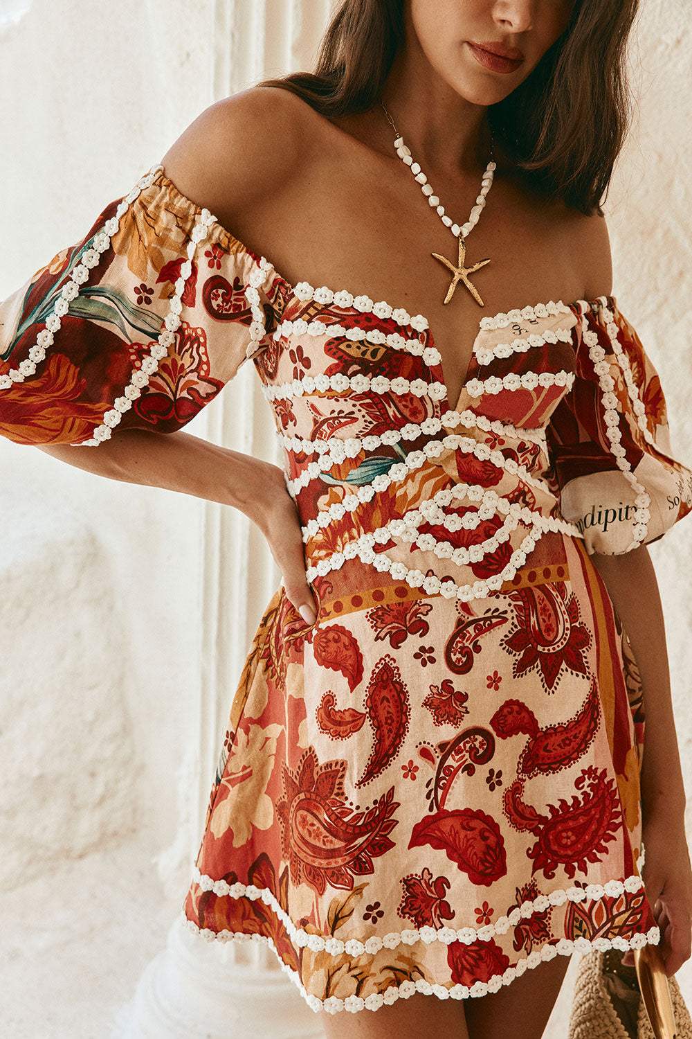 Red Floral Barocca Print Off Shoulder Mini Issa Dress – SABO