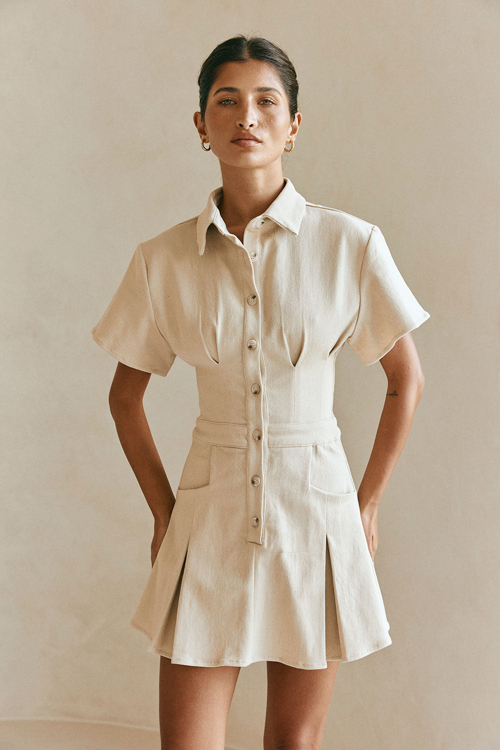 Tan Short Sleeve Button Up Collar Mini Dela Dress XL | by Sabo Tan Short Sleeve Button Up Collar Mini Dela Dress XL | by Sabo