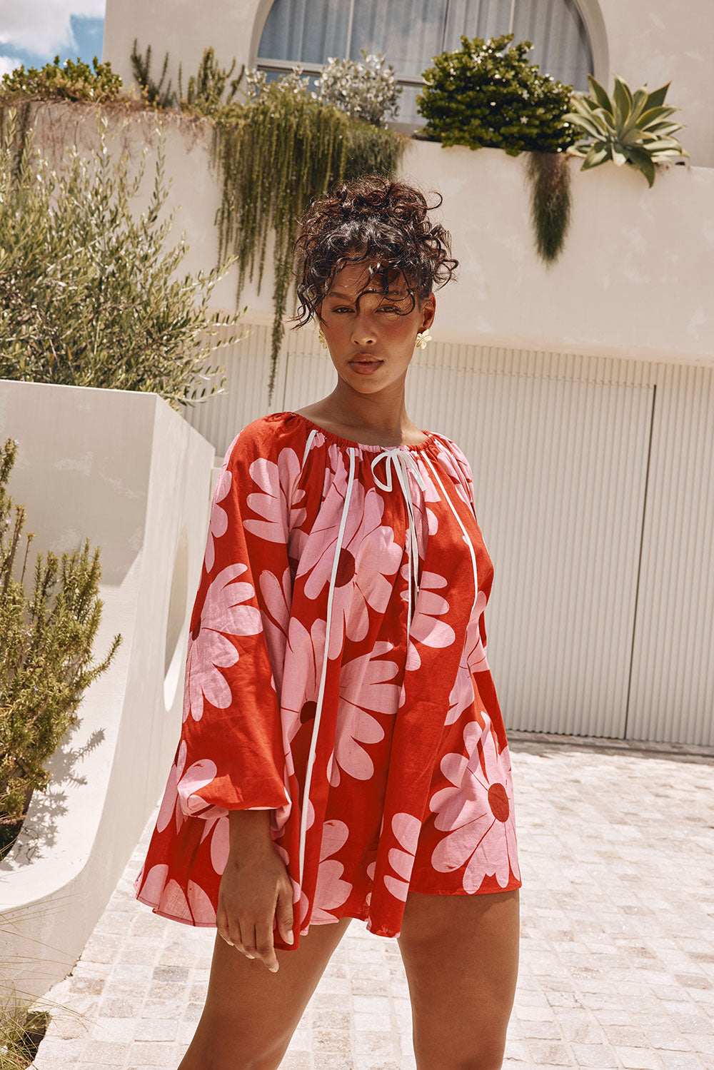 Veronica Flounce Long Sleeve Mini Dress - Pink White Daisy Red Print Veronica Flounce Long Sleeve Mini Dress - Pink White Daisy Red Print