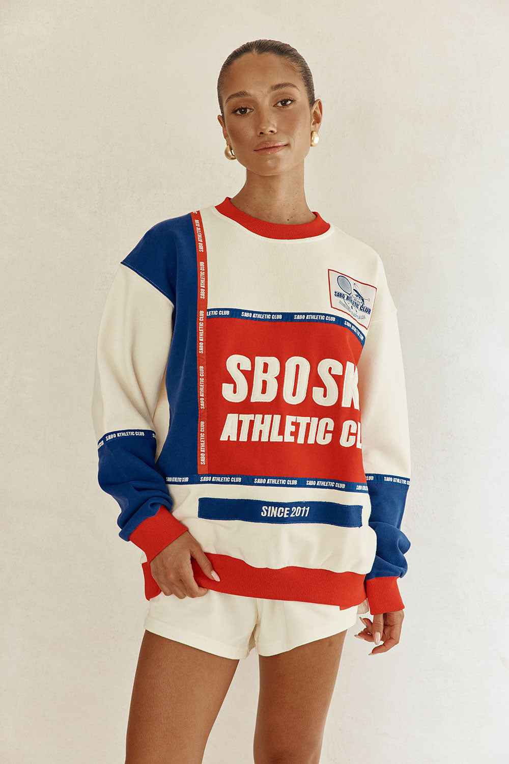 andequal back openribbon スウェット Red and Blue Fleece Oversized Vintage Kenza Sweater – SABO