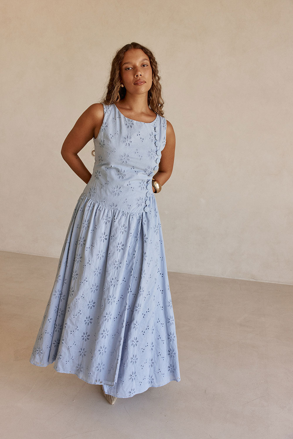Blue Broderie Button Maxi Odessa Dress S | by SABO Blue Broderie Button Maxi Odessa Dress S | by SABO