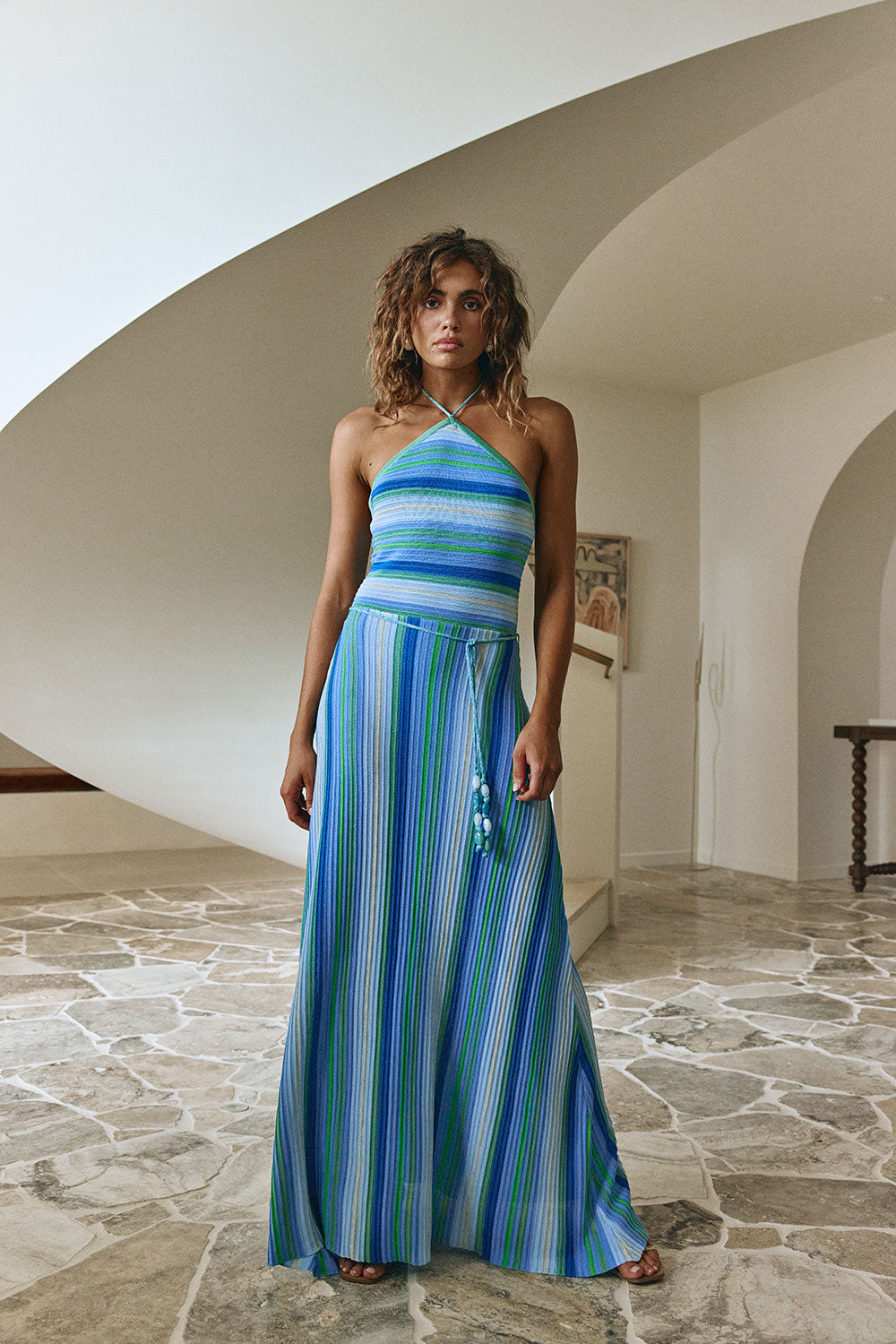 Blue Stripe Ribbed Knit Halter Maxi Karmela Dress