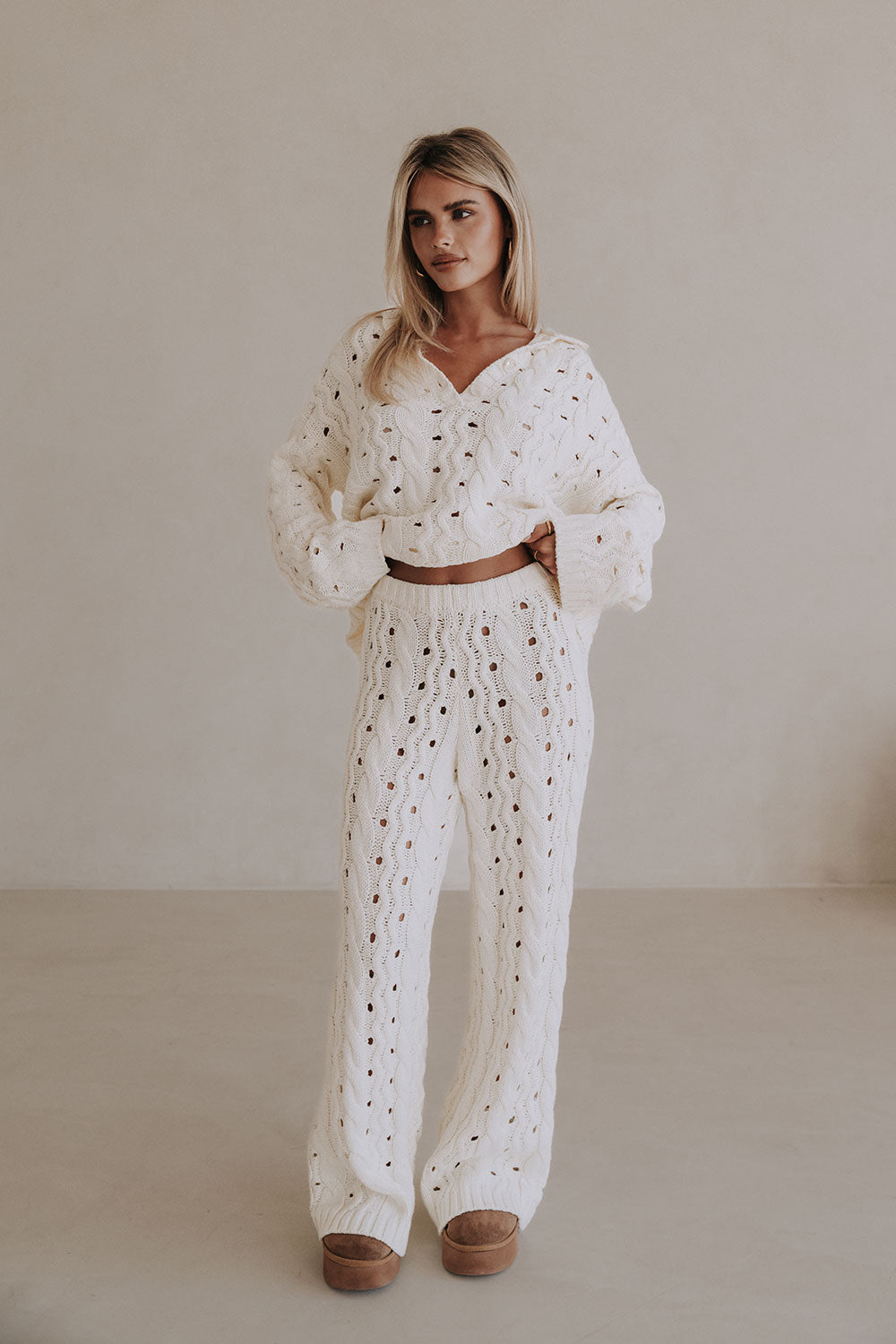 Cream Cable Knit High Waist Wide Leg Elana Pants – SABO
