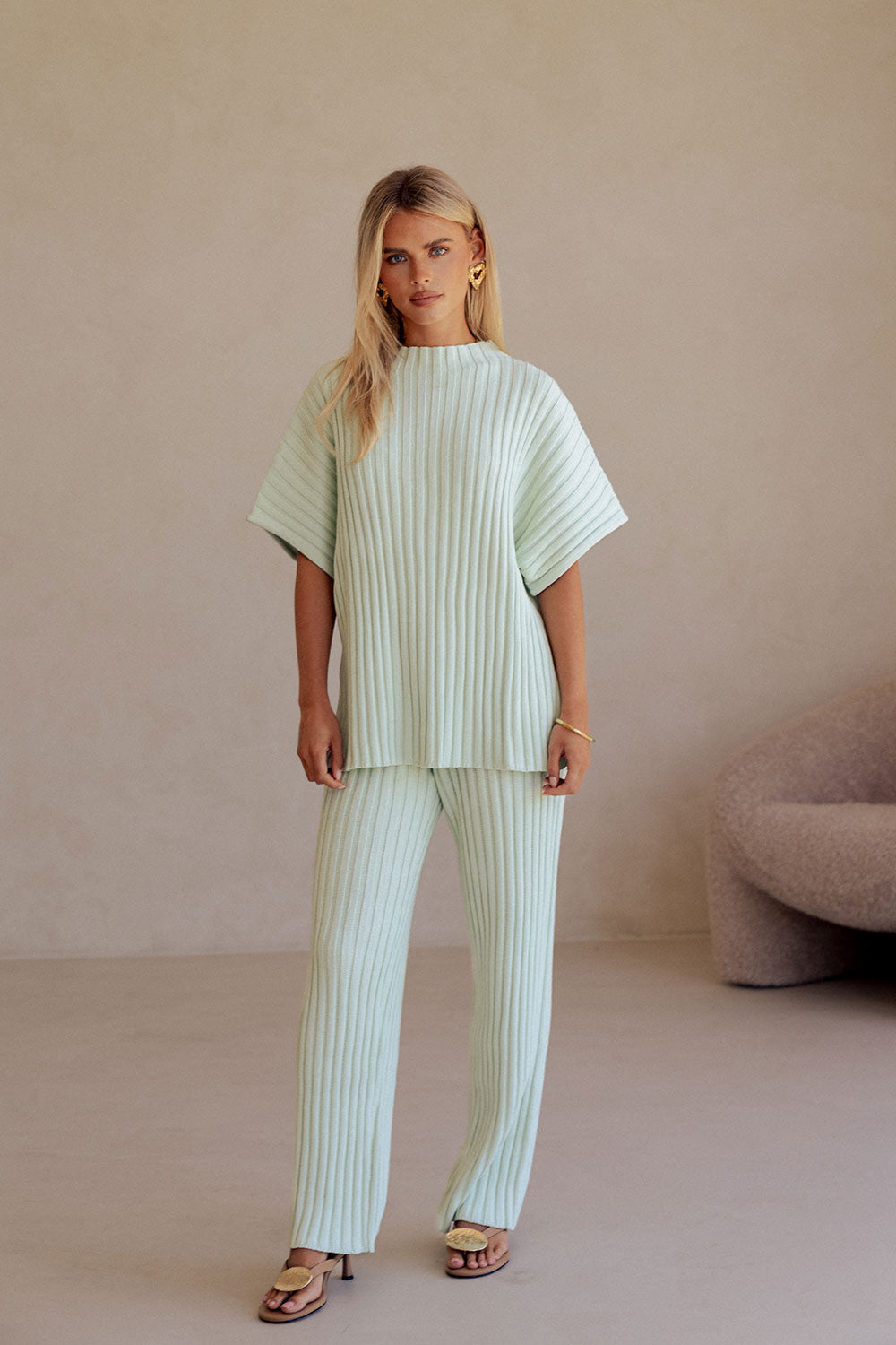 【mint32922】CELINE Mint Green Ribbed Knit Short Sleeve Celine Top – SABO