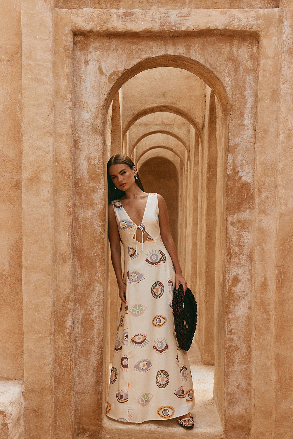 Cream Matia Print V Neck Maxi Serene Dress L