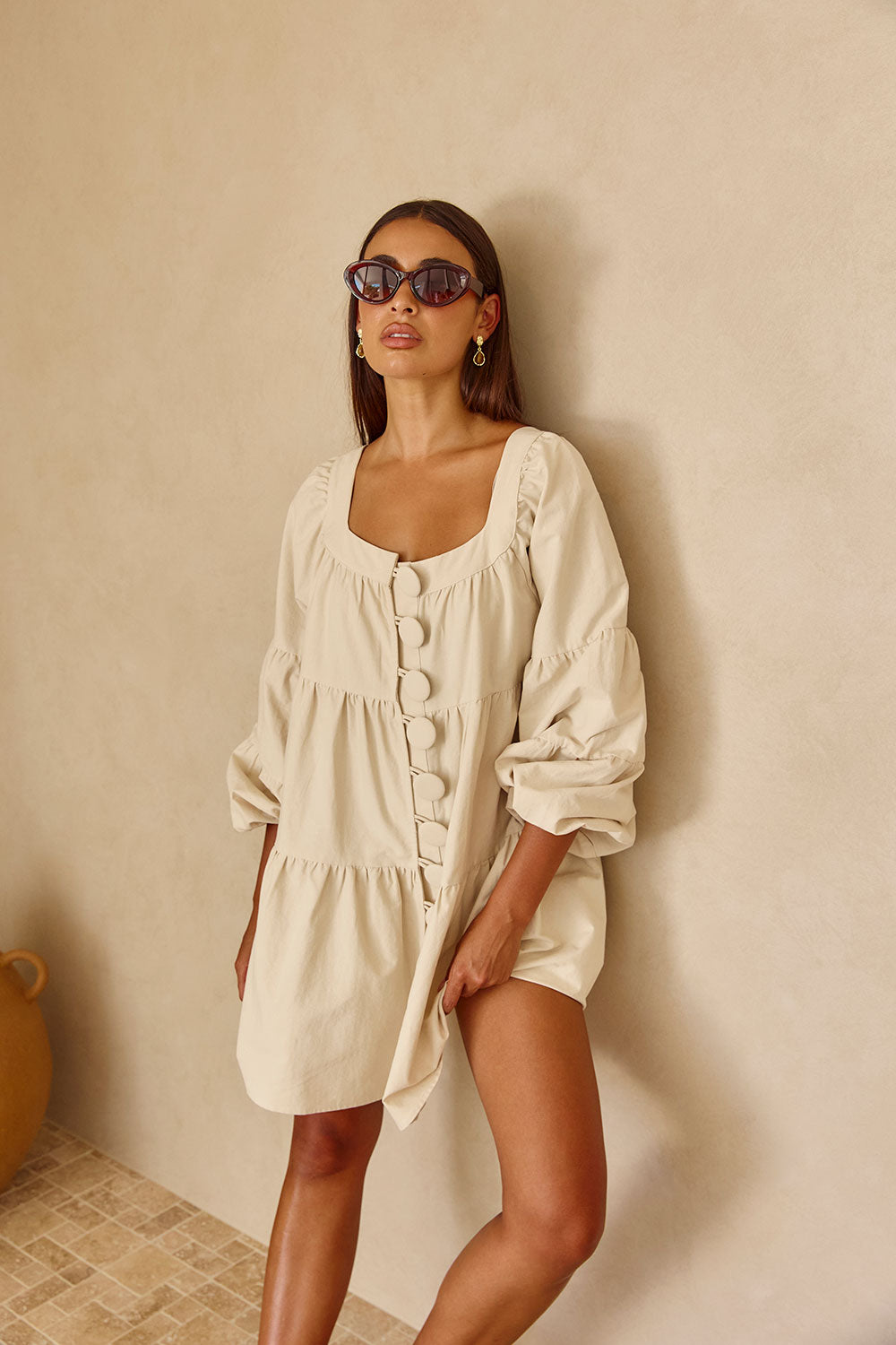Beige Puff Sleeve Button Midi Palmer Dress  SABO