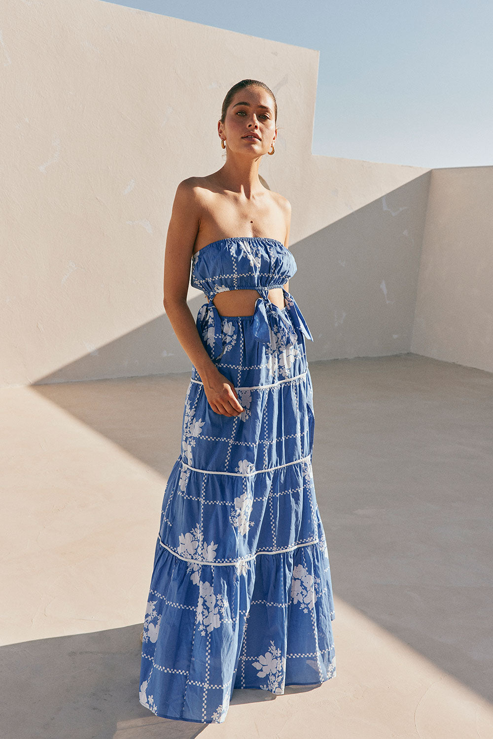 Lili Strapless Cutout Tie Maxi Dress - Postcard, Blue & White Check Flowers Lili Strapless Cutout Tie Maxi Dress - Postcard, Blue & White Check Flowers