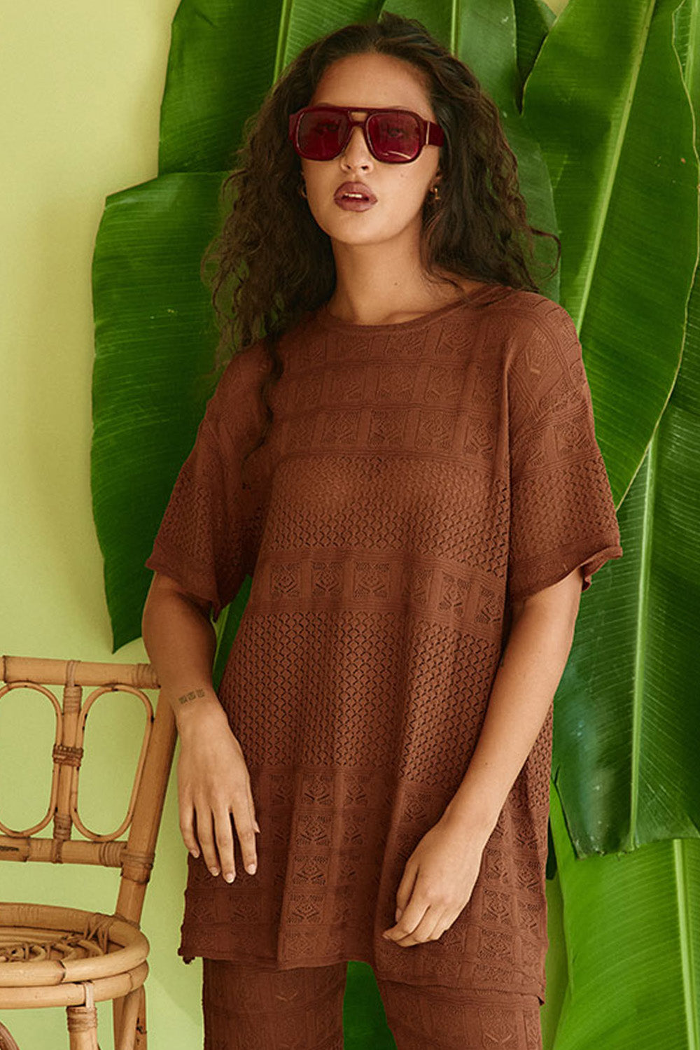 Chocolate Brown Crochet Knit Boxy Nixie T Shirt Top – SABO