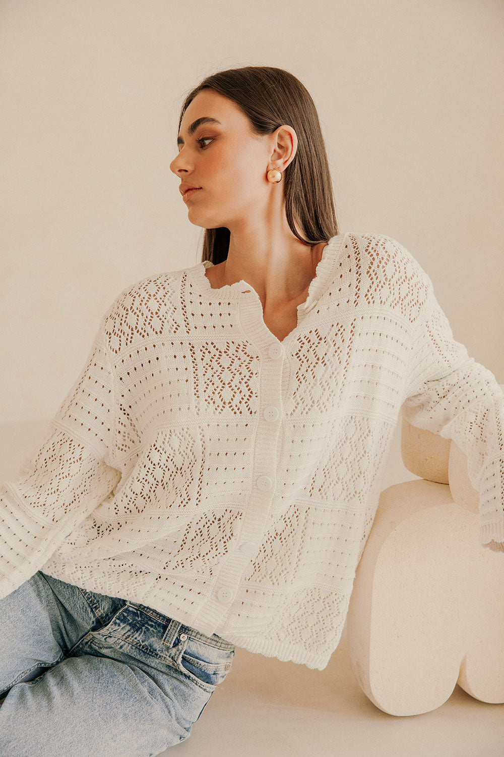 White Knit Long Sleeve Button Up Martina Top – SABO