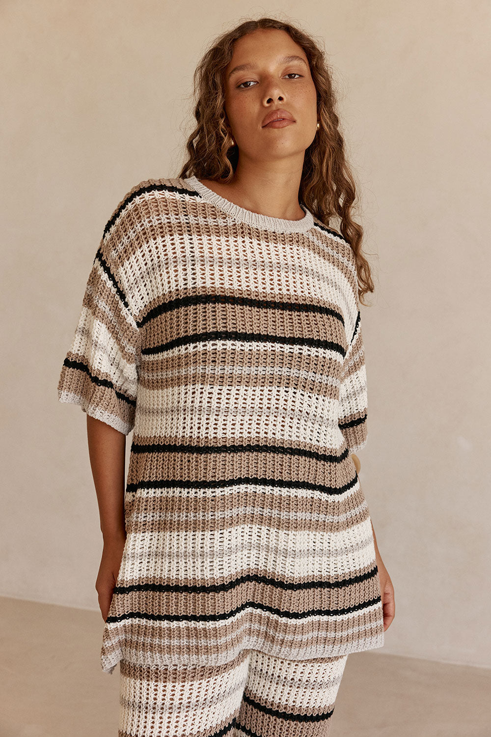 Tan and White Stripe Knit Java Top – SABO