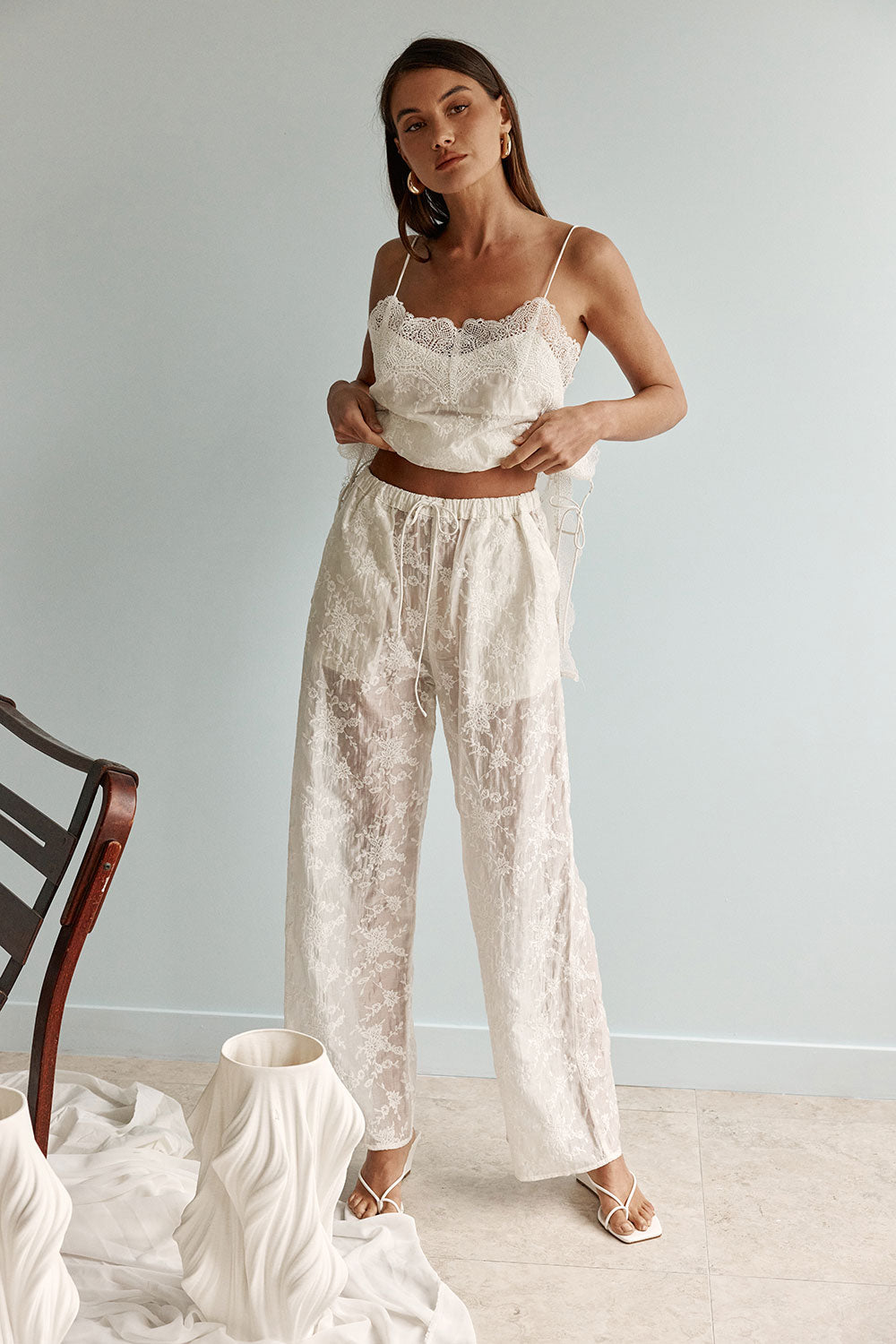 Off White Lace Drawstring Chantilly Pants – SABO