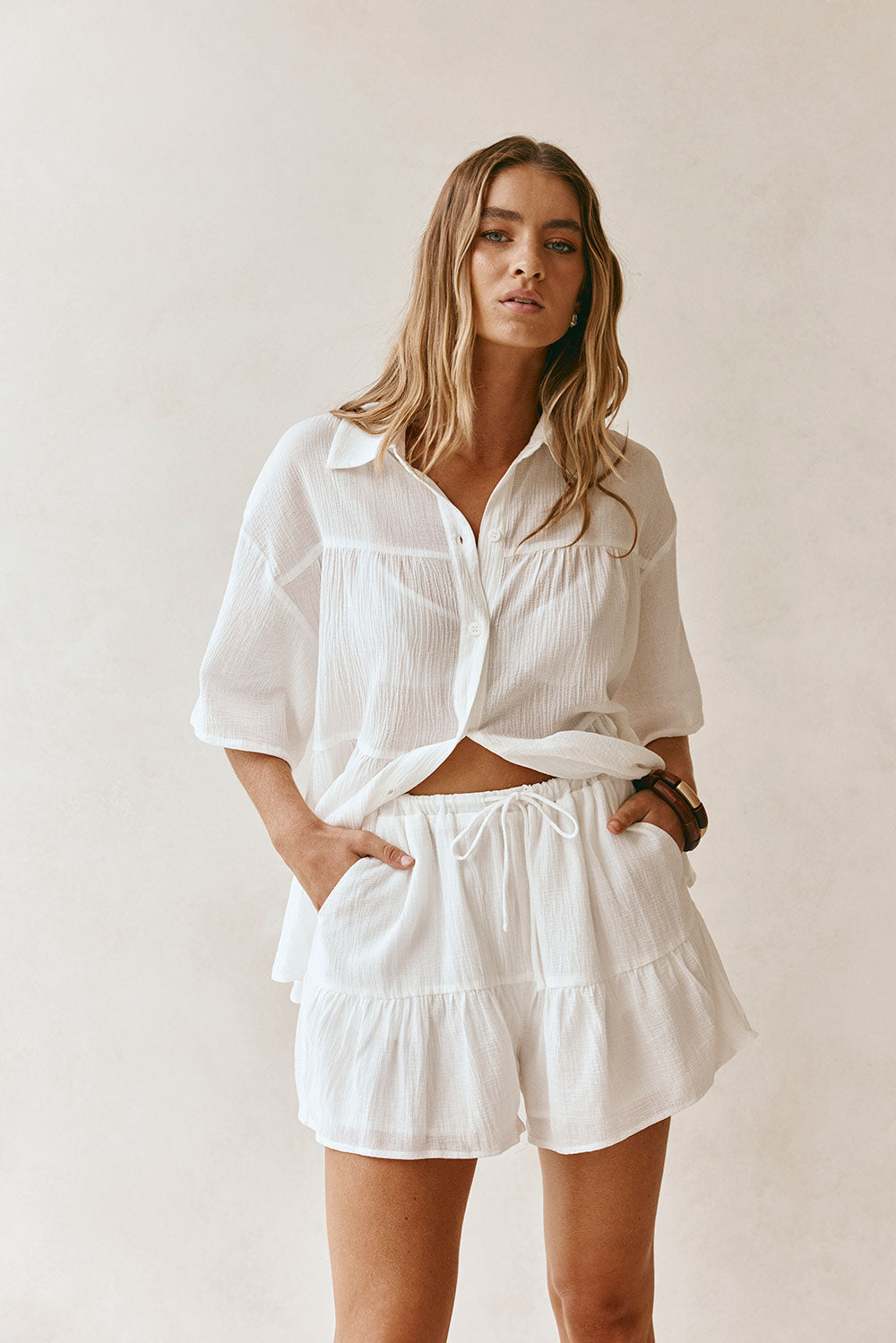 White Elastic Drawstring Flounce Pocket Elodie Shorts – SABO