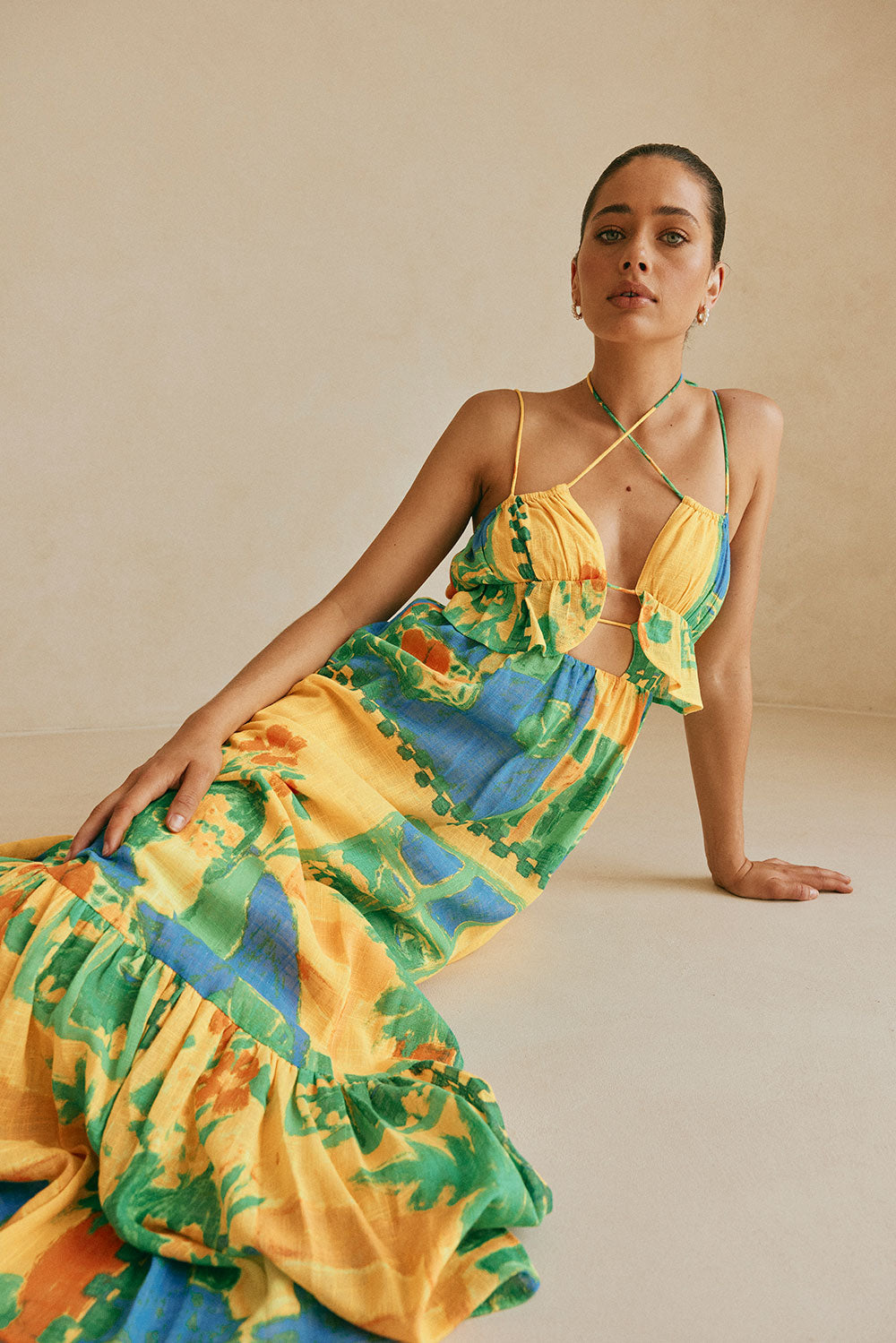 Leigh Cutout Maxi Dress - Green, Blue & Orange Morning Yellow Print Leigh Cutout Maxi Dress - Green, Blue & Orange Morning Yellow Print