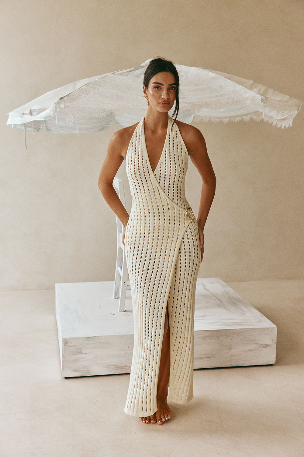 Cream Pointelle Knit Plunge Wrap Maxi Klaudia Dress M