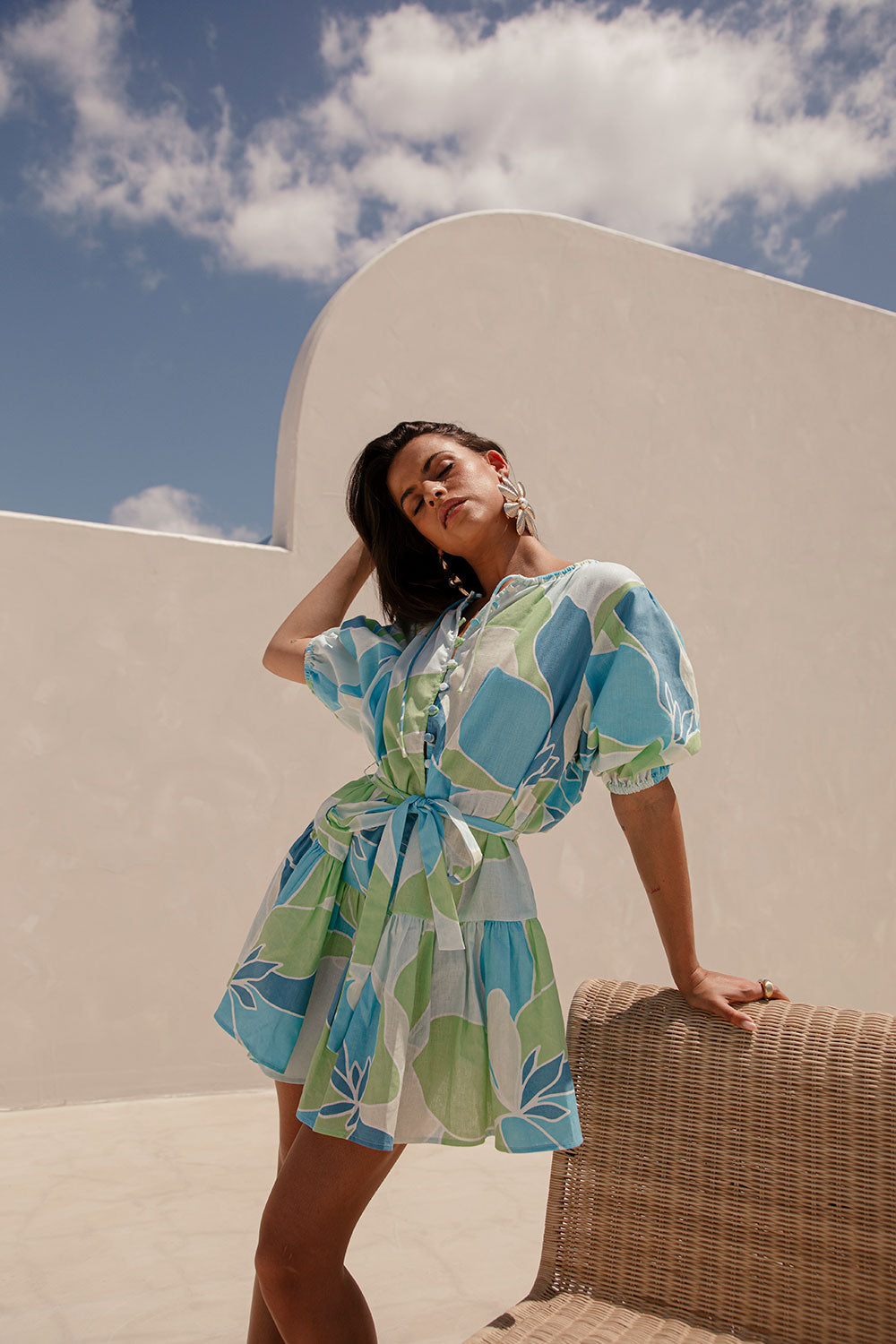 Tenaya Puff Sleeve Button Up Mini Dress - Magnolia Print, Blue, Green, White Tenaya Puff Sleeve Button Up Mini Dress - Magnolia Print, Blue, Green, White