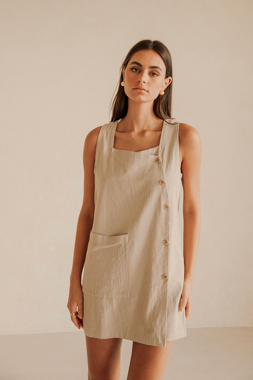 aida mini dress Beige Button Up Wide Strap Pocket Mini Aida Dress XXS