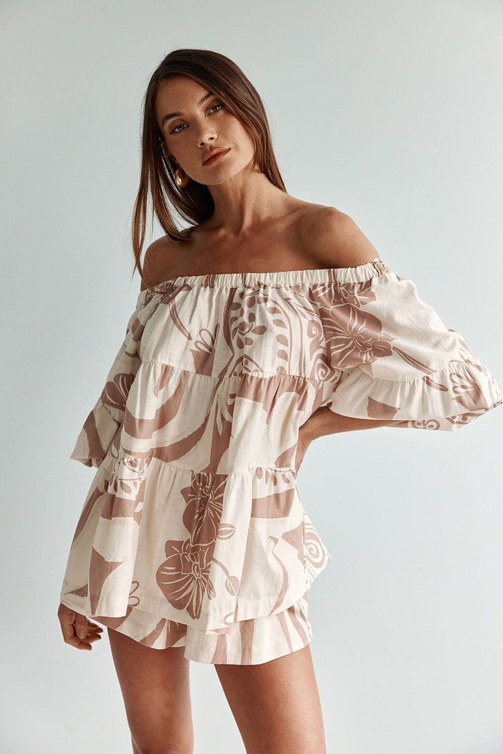 sabo Taupe Paisley Sunset Print Off Shoulder Adina Top – SABO