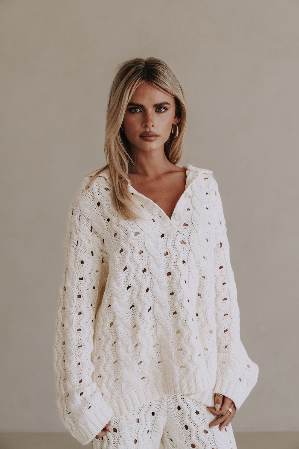 Cream Cable Knit Long Sleeve Collar Elana Sweater – SABO