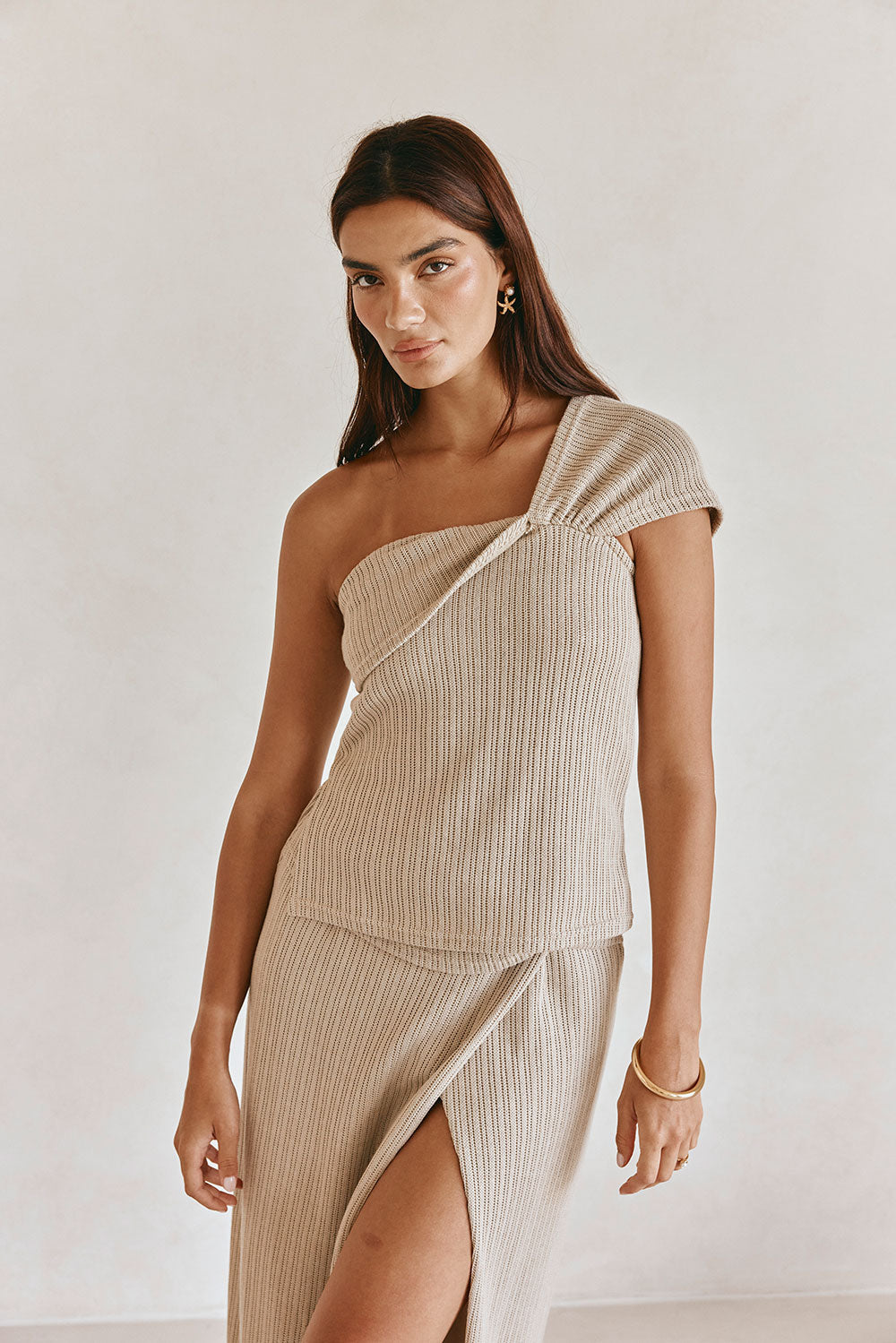 Khaki Asymmetric One Shoulder Nina Top XXS