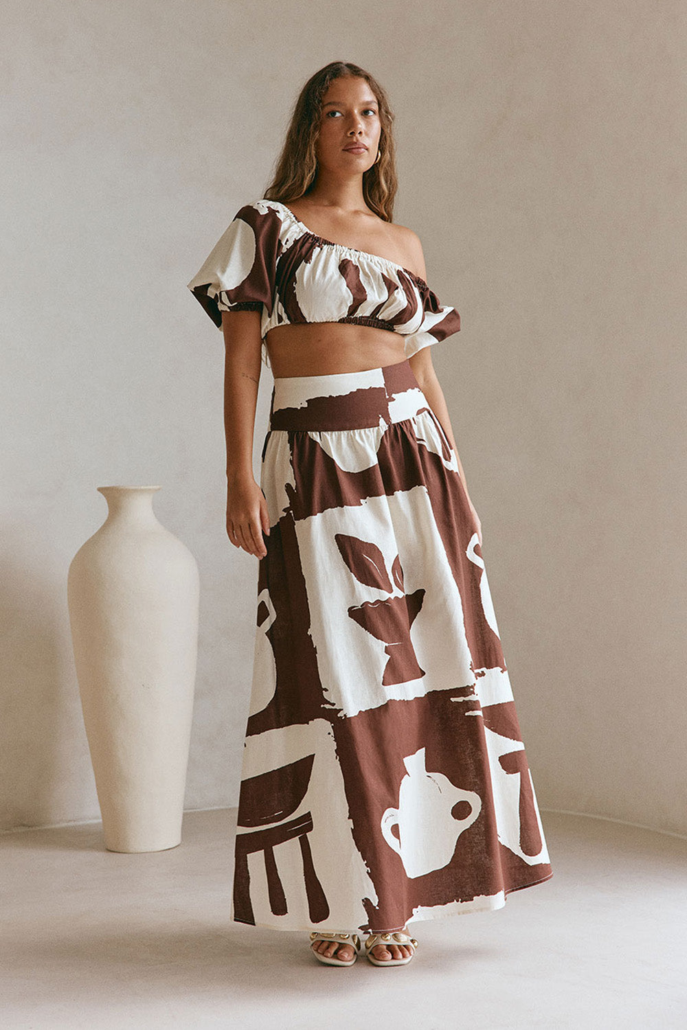 Brown Arredo Print Gathered Maxi Yumi Skirt – SABO