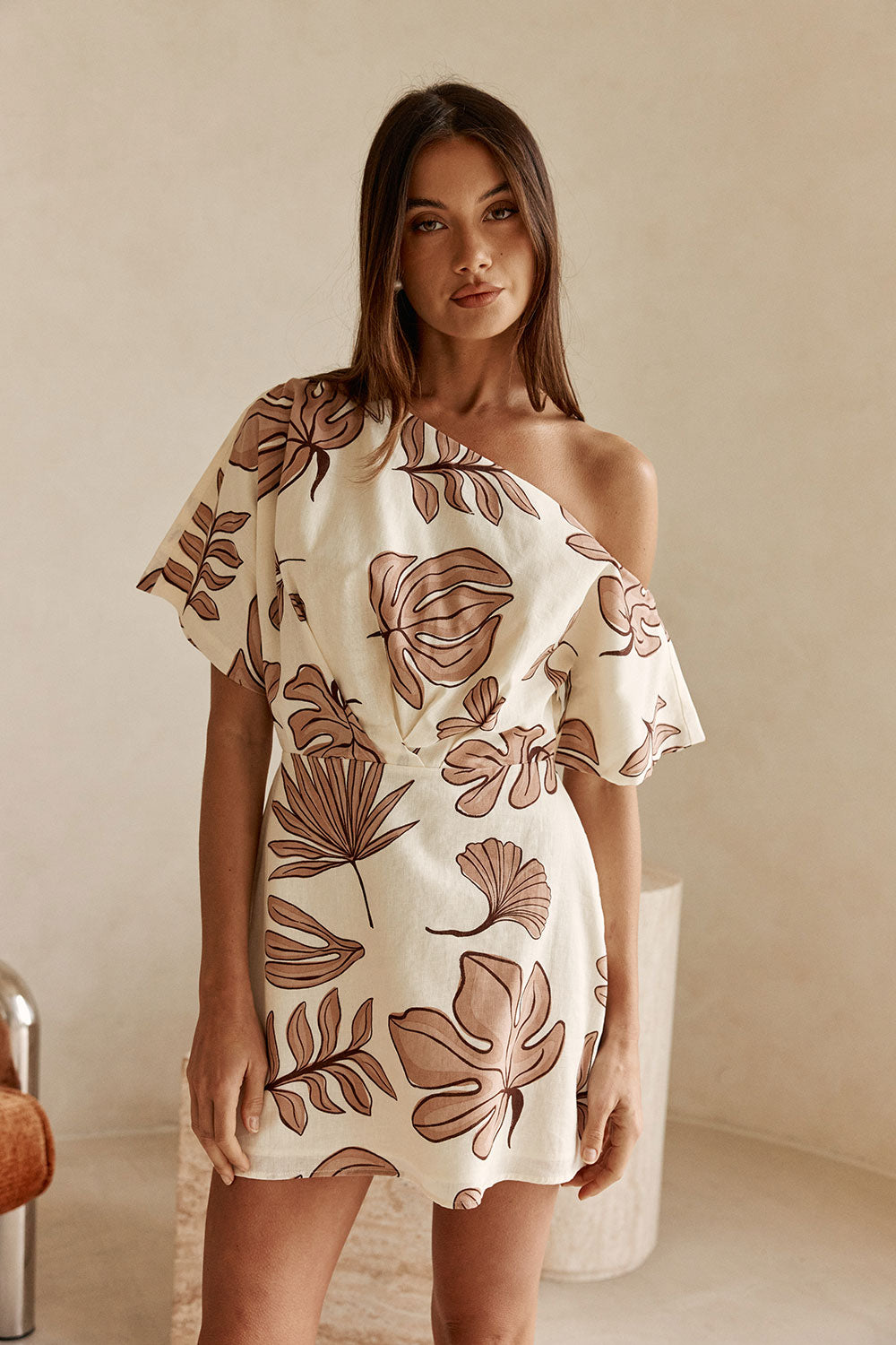 Phylida Tan Print Linen Off Shoulder Mini Jarrah Dress M
