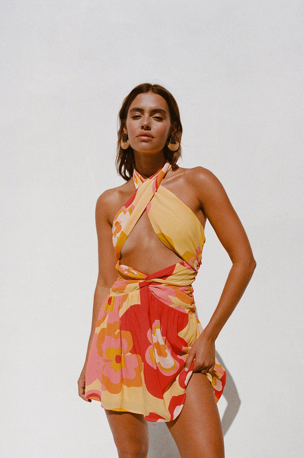 yellow halter top dress Amina Mini flowy_styles influencer-gifting Women's Elegant Glamorous Brown airy skirt Size:8/9Y