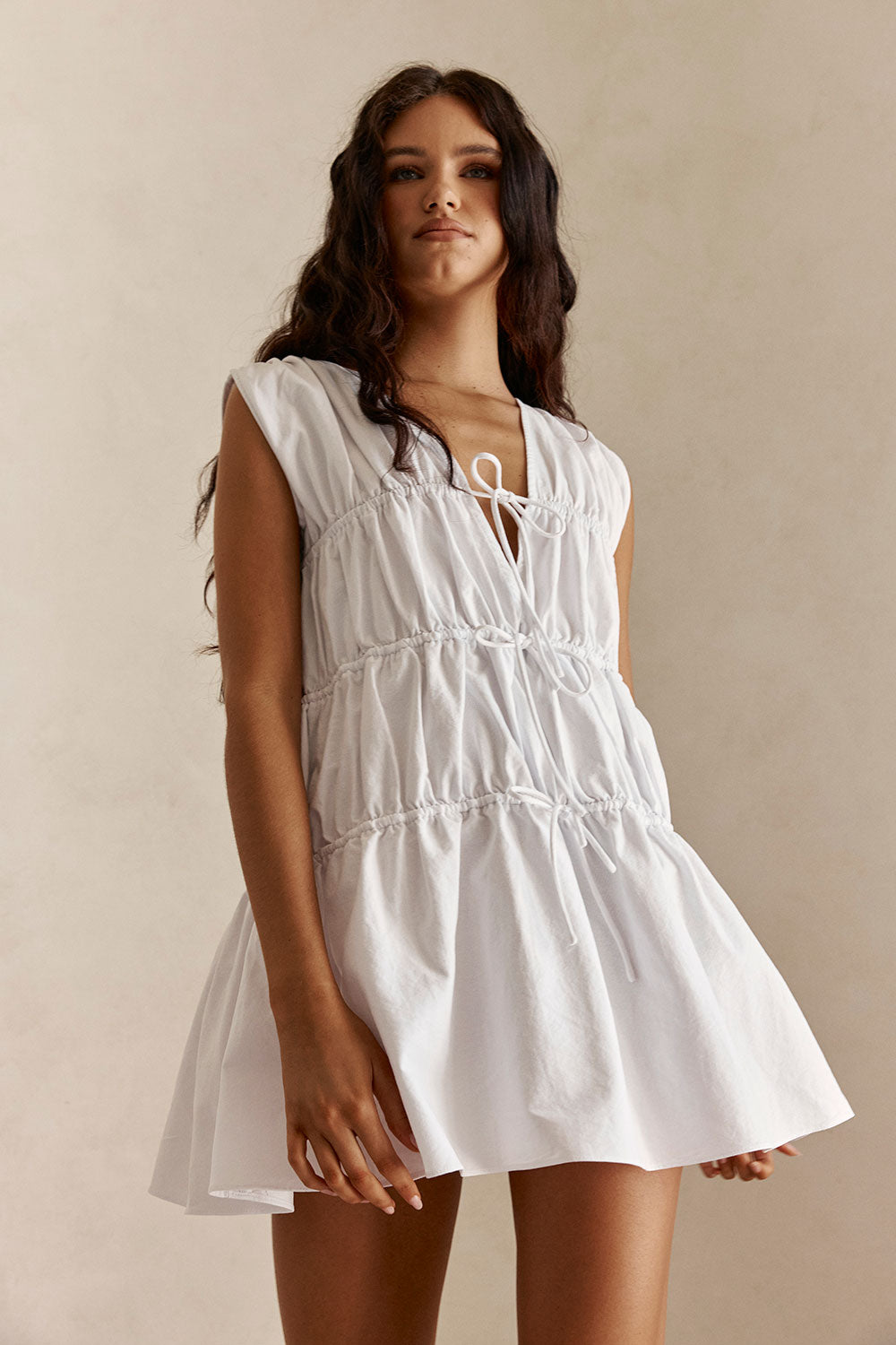 Bridal White Gathered Drawstring Mini Joslin Dress – SABO