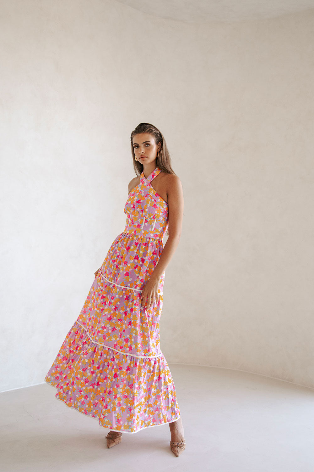 True Halterneck Maxi Dress - Dulcie Daisy Purple Orange Pink Floral SABO True Halterneck Maxi Dress - Dulcie Daisy Purple Orange Pink Floral SABO