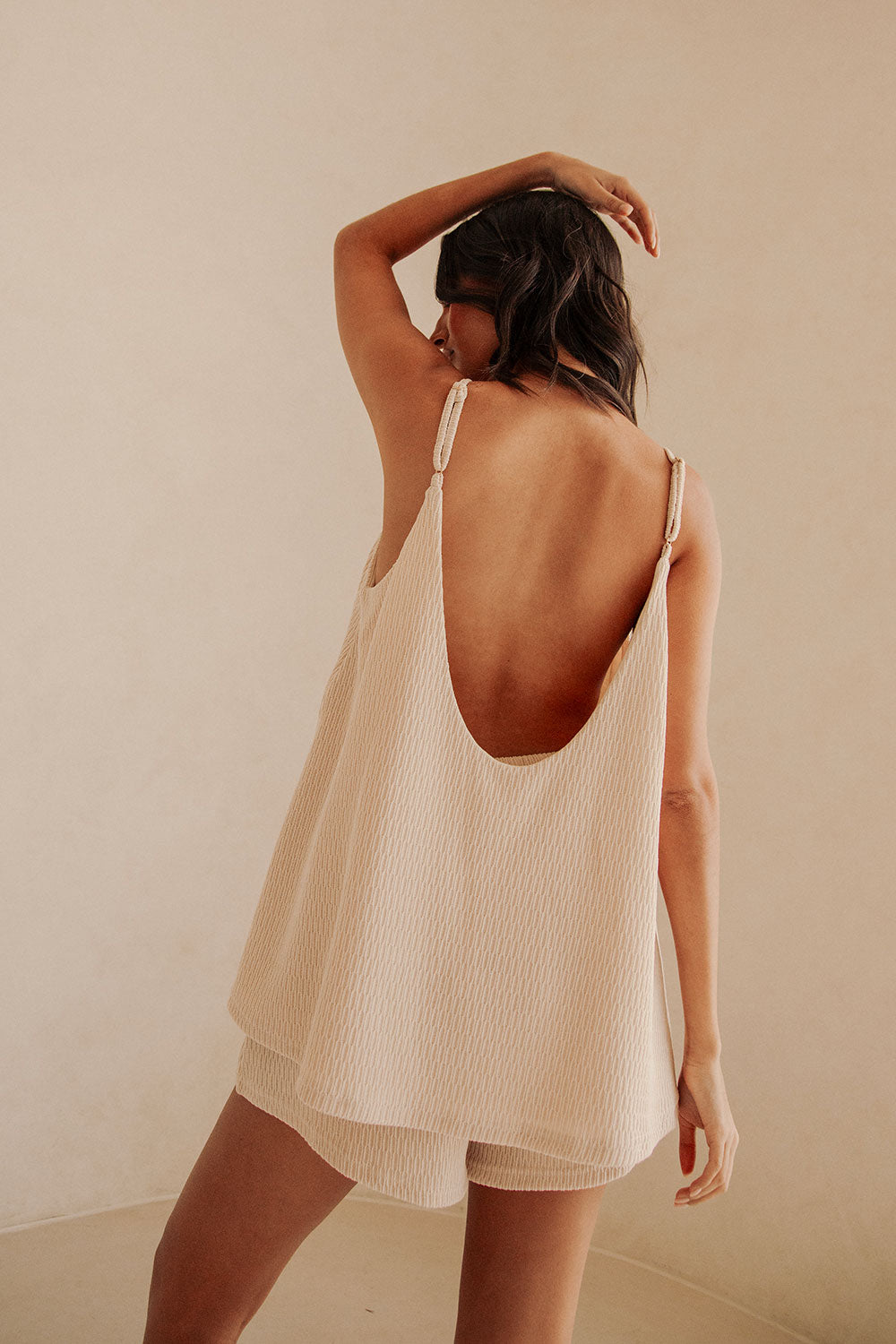Beige V Neck Adjustable Strap Boston Top – SABO