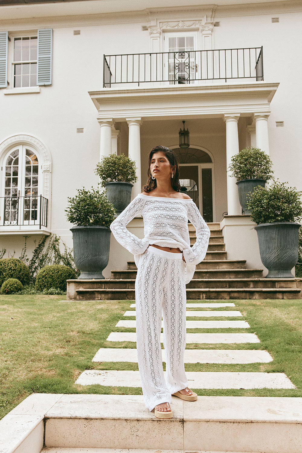 White Crochet Knit High Waist Elastic Cierra Pants – SABO