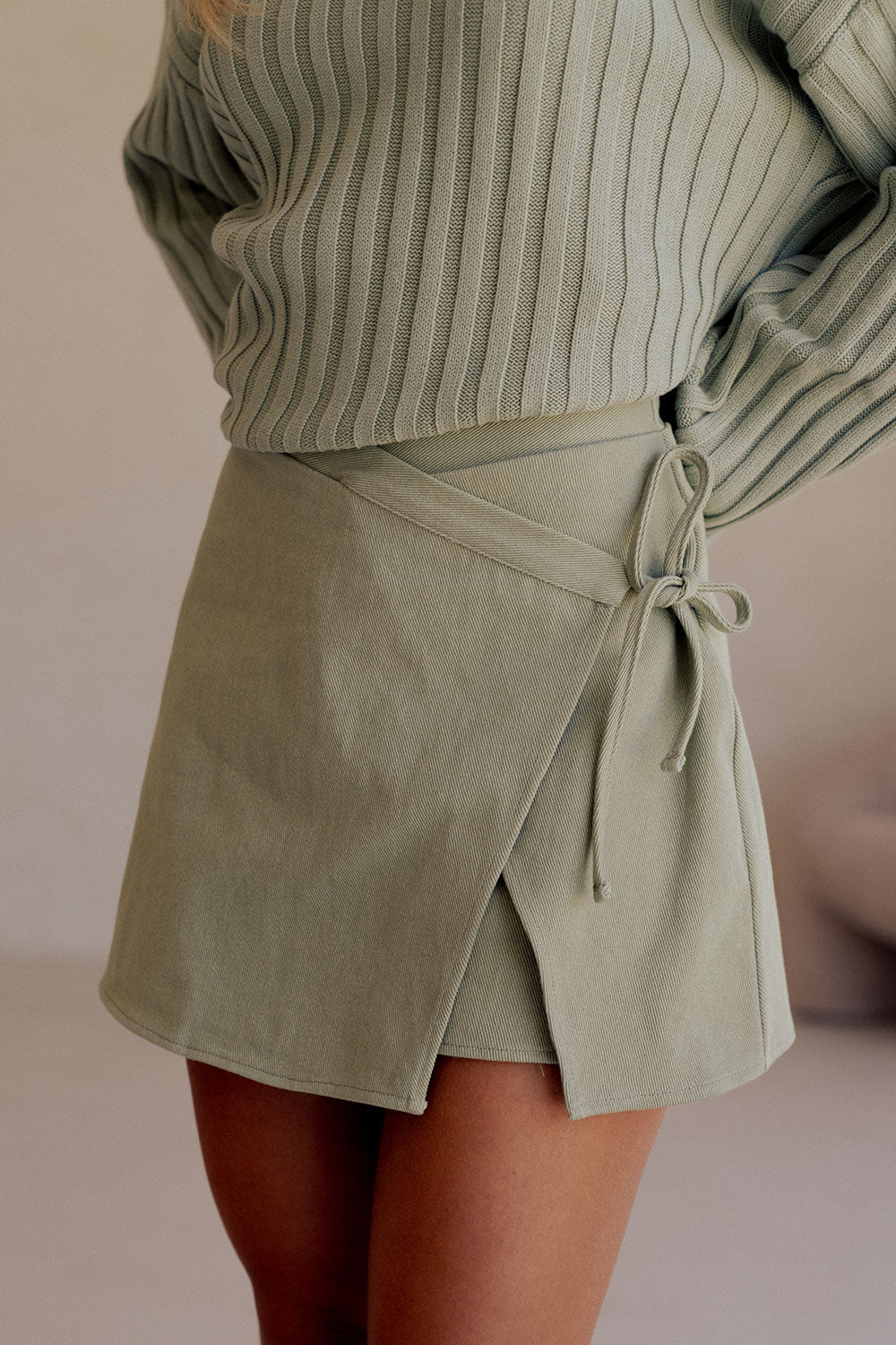 Sage Green Asymmetric Wrap Mini Rocio Skort – SABO