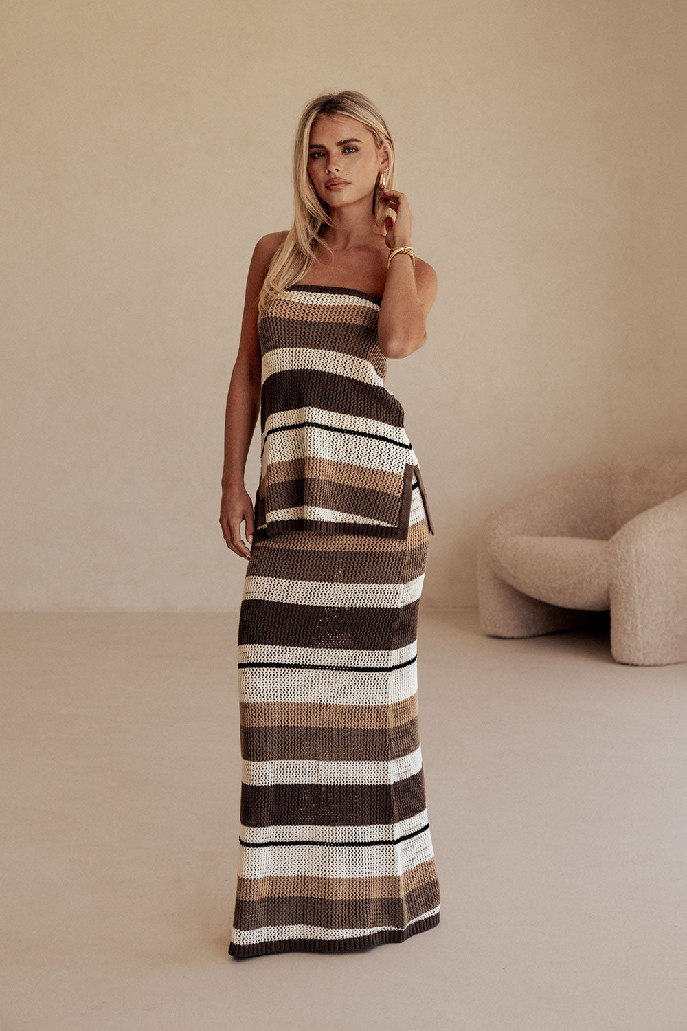 White and Brown Stripe Knit A Line Maxi Damaris Skirt – SABO