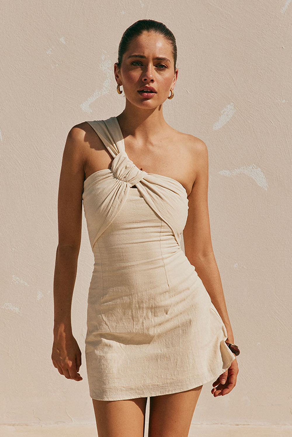 Beige One Shoulder Cutout Mini Knot Dimmi Dress – SABO