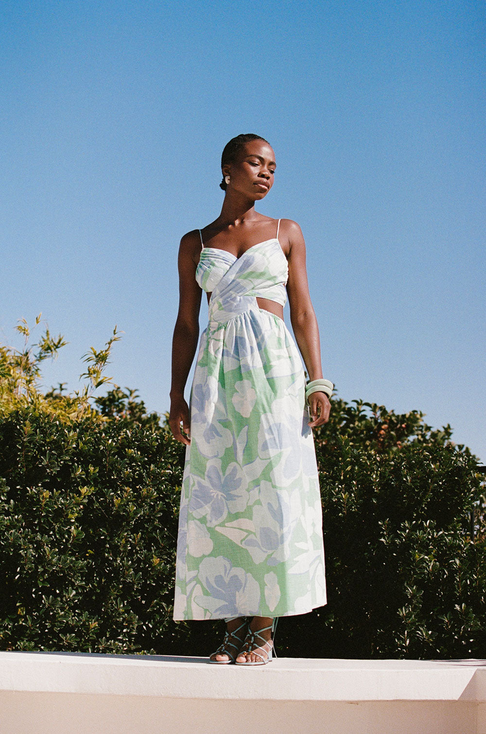 Iris Cutout Midi Dress - Spring Petals Blue Green White L Iris Cutout Midi Dress - Spring Petals Blue Green White L