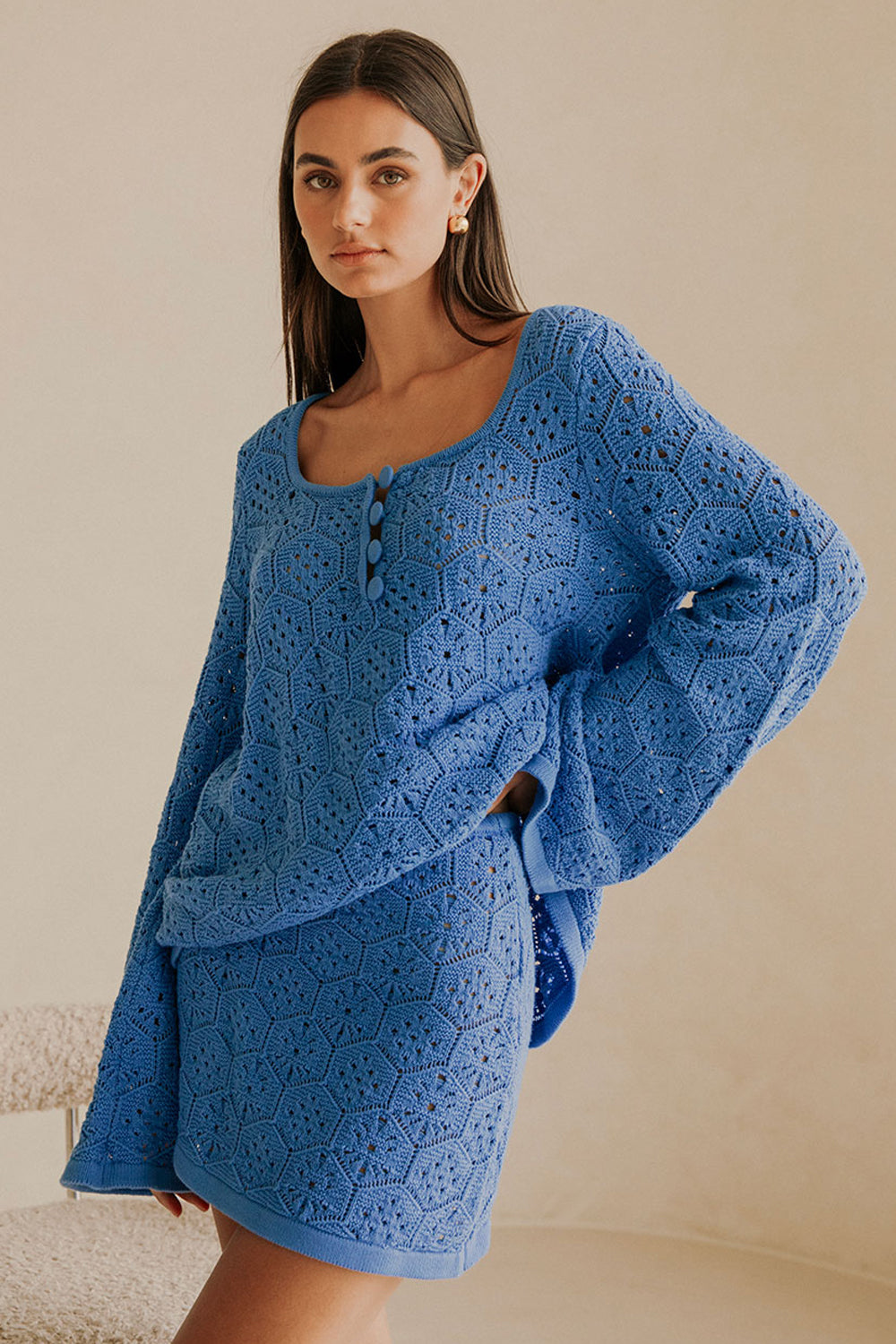 Blue Knit Long Sleeve Button Alivia Top – SABO