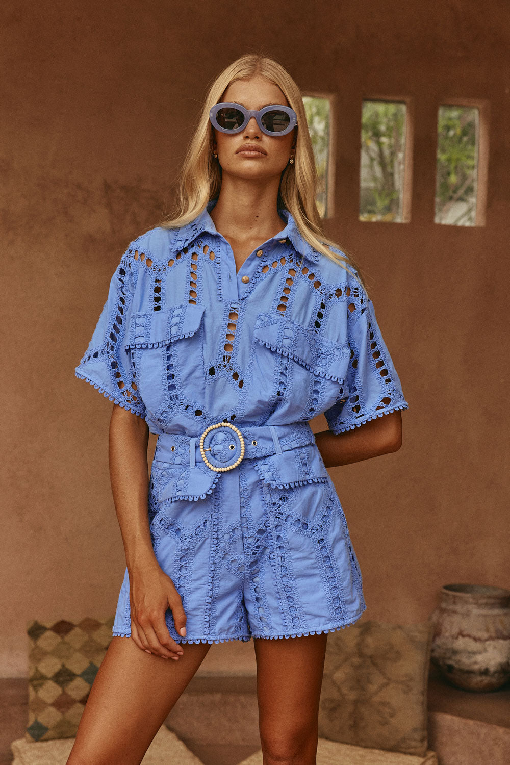 Blue Cotton Cutwork Belt Alyce Shorts XS