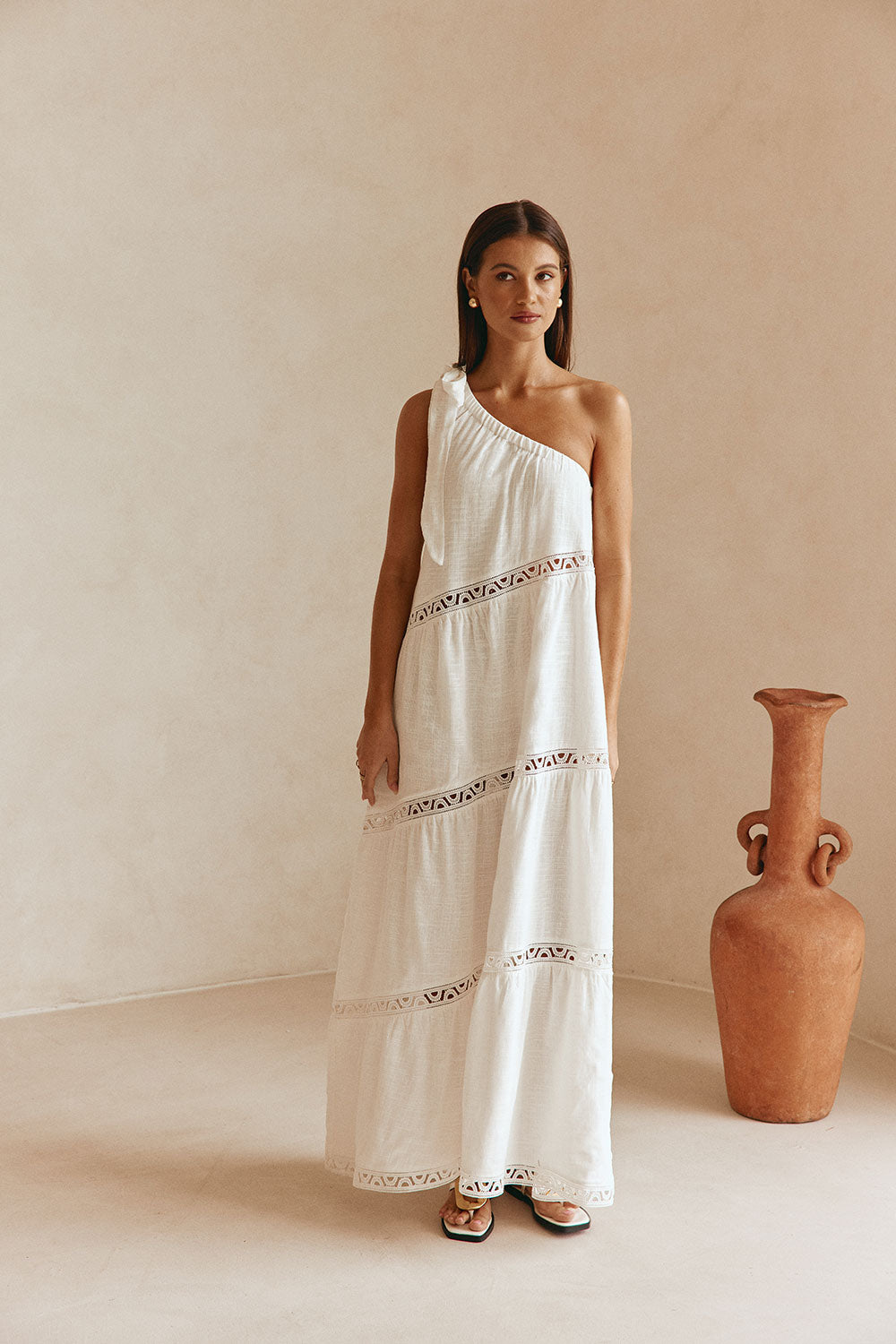 White Cotton One Shoulder Flouncy Maxi Juliette Dress M | by SABO White Cotton One Shoulder Flouncy Maxi Juliette Dress M | by SABO