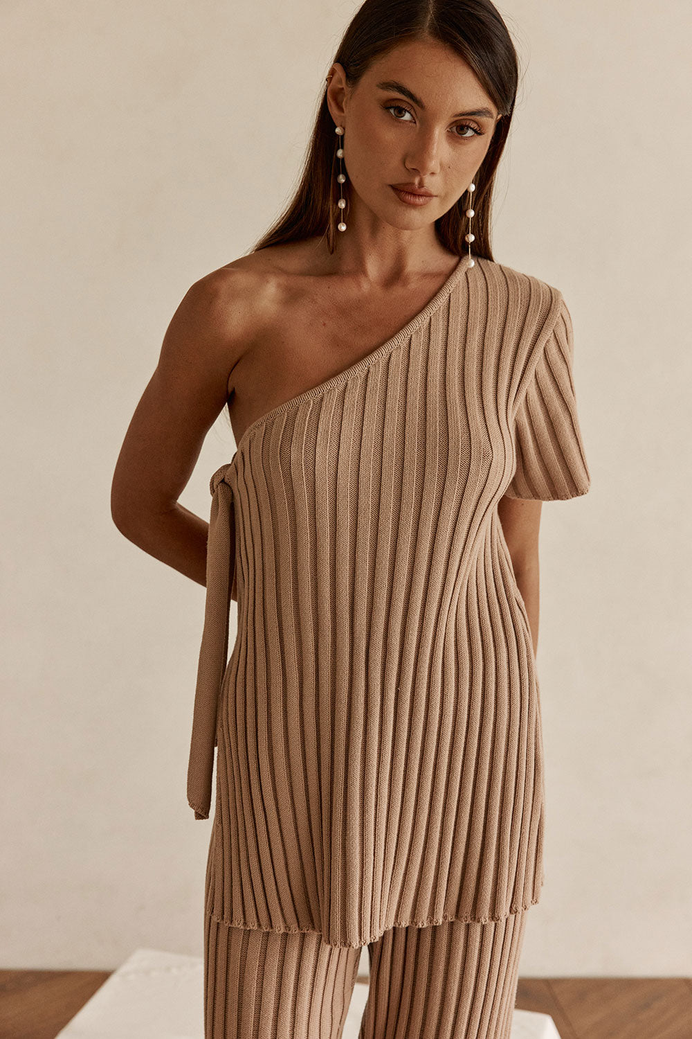Tan Ribbed Knit One Shoulder Tie Neriah Top – SABO